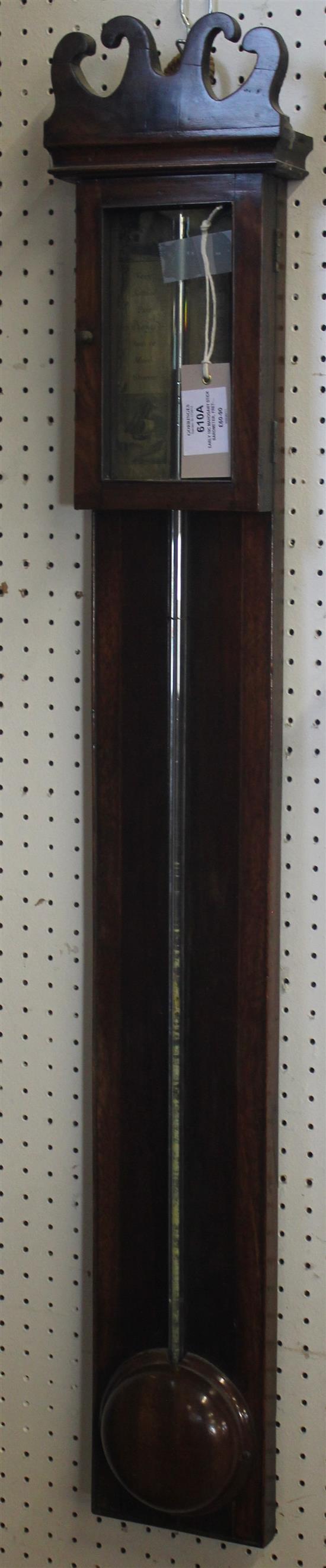 Early 19C mahogany stick barometer, fret-carved top